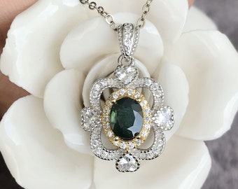 Natural Green Sapphire Pendant 925 Sterling Silver Pendant Green Sapphire Jewlery Two Tone Plating