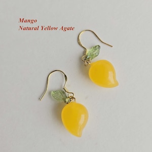 CUTE--Natural Yellow Agate Mango Earrings 925 Sterling Silver Earrings Two Mangos Birthday Gift for Kids for Girls