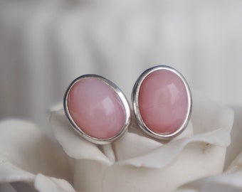 Simple Oval Cab Natural Pink Opal 8x6 Earstuds 925 Sterling Silver Stud Earring 1 Pair