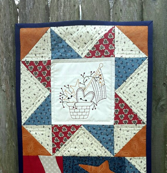 Old Glory Door Banner July 4th Prim American Flag Quilt Skinny Quilt Patchwork Embroidery Americana Decor Patriotic Decor Country
