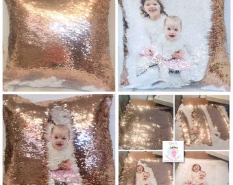 Mermaid sequin reveal glitter cushion/pillow. Add photo, image, text (profanity/swearing too),