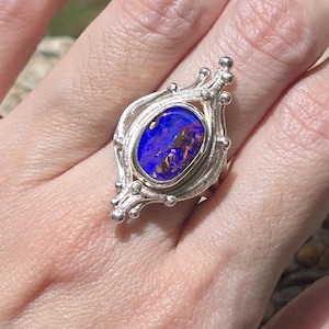 Sterling Silver Ring with Natural Boulder Opal – Statement Gemstone Ring – Unique Artisan Jewelry
