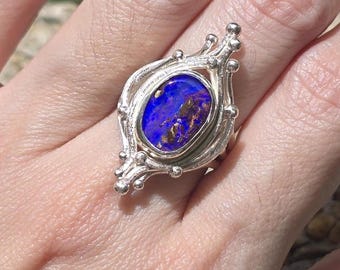 Sterling Silver Ring with Natural Boulder Opal – Statement Gemstone Ring – Unique Artisan Jewelry