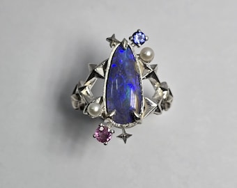 Anillo de plata esterlina con ópalo australiano, zafiro y perla celestial, talla 6.5 (EE. UU.)