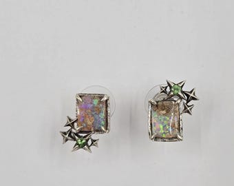 Pendientes de ópalo australiano en plata de ley 925/tsavorita/pendientes celestiales hechos a mano