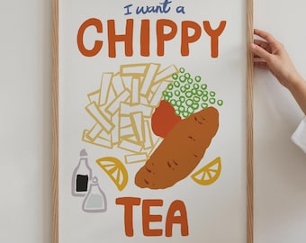 I Want a Chippy Tea Print - Lancashire Hot Pots Band Lyric Wall Art Print Poster - Traditional fish and chips with mushy peas and vinegar