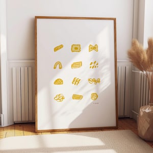 Pasta print Kitchen wall art hand drawn Pasta and wine lover gift containing different pasta types inc spaghetti, Italian home decor present