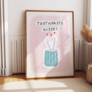 Zahnpasta Küsse Hand gezeichneter Druck Badezimmer Wand Kunst The Maccabees band Fan Art Pastell rosa und blau Zahnbürsten, Indie band Poster