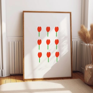 Impression d'art mural tulipe simple - tulipes coeur d'amour sur fond blanc - affiches de cuisine fleuries - décoration florale minimale pour la maison - cadeau de la Saint-Valentin