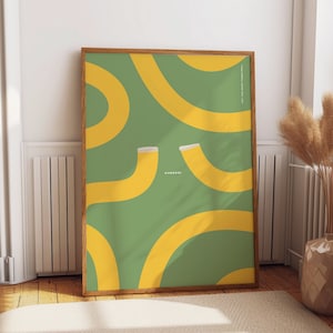 Può includere: Una stampa incorniciata con sfondo verde e linee curve gialle. La stampa ha la parola "CHEERS!" in testo bianco.