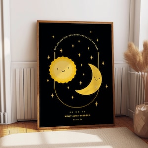 Personalised Nursery Room Wall Art Print, new born baby gift, Sun Moon and Stars illustration with Name, Birthdate, Parent & baby initials
