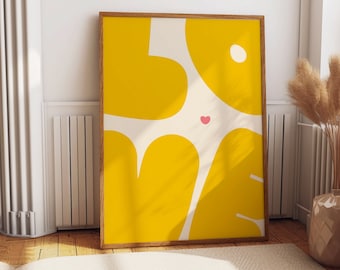 Yellow LOVE Typography wall art Print: Retro Heart Poster, Mid-Century Modern Art Bold kitchen or bedroom poster, Gift for Her or Him