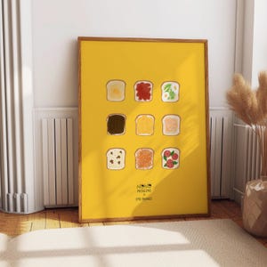 Toast Toppings Kitchen Wall Print Food Art Home Decor, Breakfast bar, Cafe Poster. Beans on Toast, Avocado, Cheese, Eggs, Nutella, Yellow