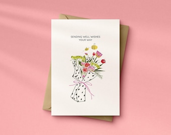 Kartka z życzeniami powrotu do zdrowia, Kartka z życzeniami szybkiego powrotu do zdrowia, Ilustracja uroczego bukietu kwiatów, Zabawna kartka z życzeniami A6, Prezent dla niej z myślą o Tobie