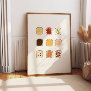 Toast Toppings Kitchen Wall Print Food Art Home Decor, Breakfast bar, Cafe Poster. Beans on Toast, Avocado, Cheese, Eggs, Nutella, Off White