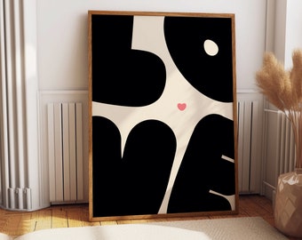 Love Wall Art Print Retro Heart Illustration Home Decor Gift for Kitchen, Dorm, Bedroom, Motivational Quote Mid century vintage poster black