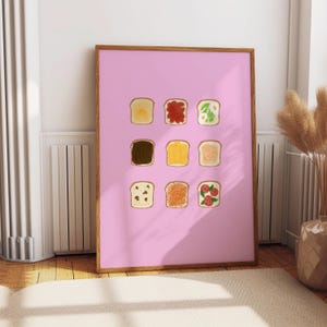 Toast Toppings Kitchen Wall Print Food Art Home Decor, Breakfast bar, Cafe Poster. Beans on Toast, Avocado, Cheese, Eggs, Nutella, Pink