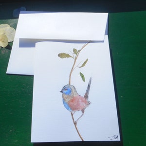 A Love Song I send to Your Way. A watercolor Song Bird and some real hand pressed leaves.  Classic Linen (folded) Card.  A Mini artwork. USA