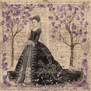 Paperintables (TM) 16e-eeuwse Queens - digitale bestanden van schetsen in zwarte inkt met wat lavendel- of perzikbloemaquarelversiering