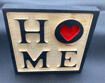 Home Sign with heart, wood carved, home decor