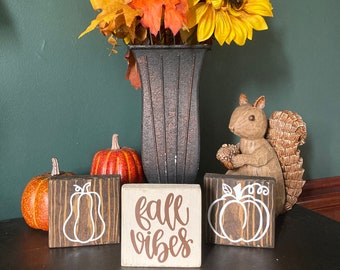 Fall Tiered Tray Decor: Reclaimed Wood Mini Signs, Pumpkins, Fall Vibes (Set of 3)
