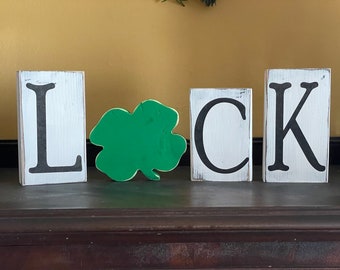 Reversible Love/Luck Block Sign: Valentine's Day & St. Patrick's Day Decor Large size with cutout four leaf clover and heart