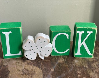 St. Patrick's Day Decor: Reclaimed Wood Luck Block Sign with cutout four leaf clover