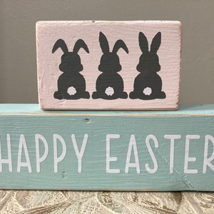 Happy Easter decor, Easter decor, 2 tiered block sign, shelf sitter, Bunnies, reclaimed wood sign image 1