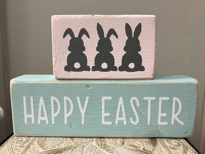 Happy Easter decor, Easter decor, 2 tiered block sign, shelf sitter, Bunnies, reclaimed wood sign image 1