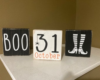 Halloween tiered tray decor, set of 3 mini signs, BOO, October 31, Witch