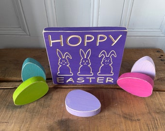 Easter sign, Hoppy Easter wood sign, Easter decor, Easter sign set, Wood Easter Eggs