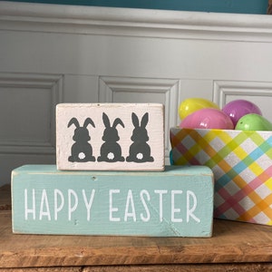 Happy Easter decor, Easter decor, 2 tiered block sign, shelf sitter, Bunnies, reclaimed wood sign image 4