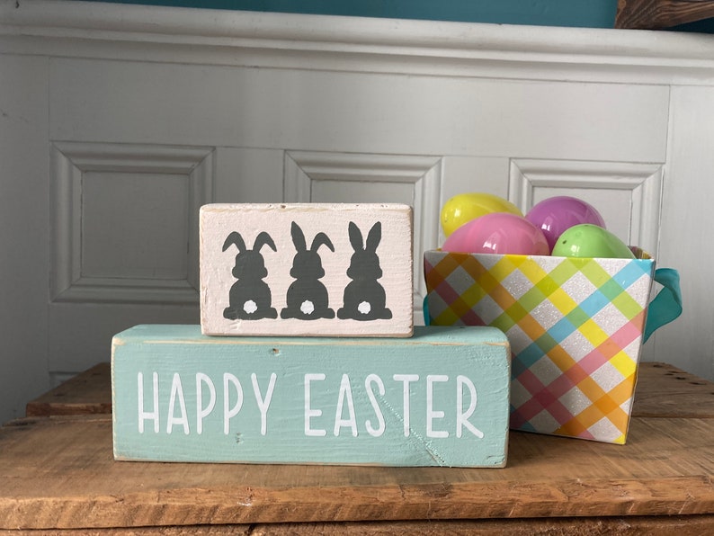 Happy Easter decor, Easter decor, 2 tiered block sign, shelf sitter, Bunnies, reclaimed wood sign image 4