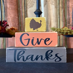 Thanksgiving decor, Give Thanks 3 tiered block sign, shelf sitter, turkey decor, reclaimed wood sign