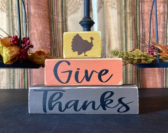 Give Thanks Tiered Block Sign: Reclaimed Wood Thanksgiving Decor