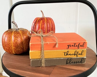 Grateful Thankful Blessed Stacking Books: Rustic Farmhouse Tiered Tray Decor