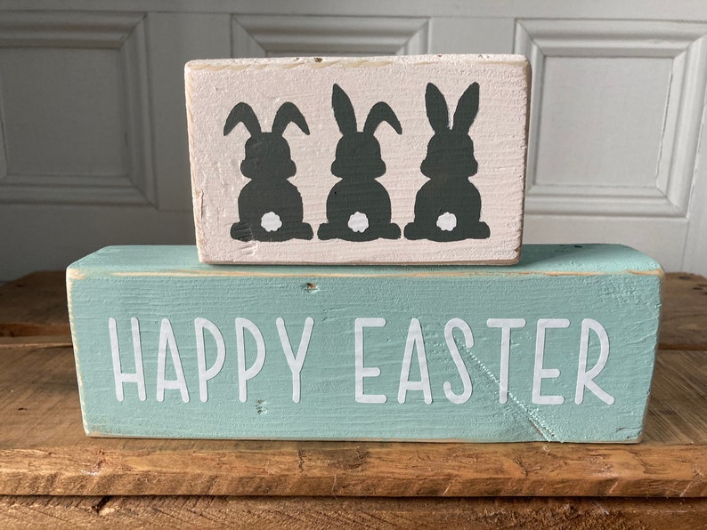 Happy Easter decor, Easter decor, 2 tiered block sign, shelf sitter, Bunnies, reclaimed wood sign image 6