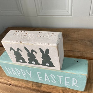Happy Easter decor, Easter decor, 2 tiered block sign, shelf sitter, Bunnies, reclaimed wood sign image 2