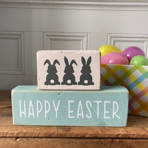 Happy Easter decor, Easter decor, 2 tiered block sign, shelf sitter, Bunnies, reclaimed wood sign image 5