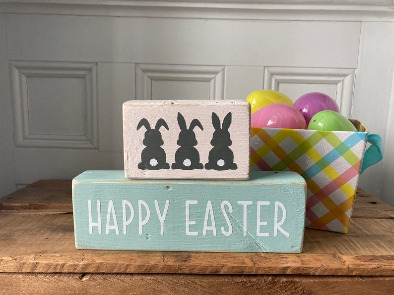 Happy Easter decor, Easter decor, 2 tiered block sign, shelf sitter, Bunnies, reclaimed wood sign image 5