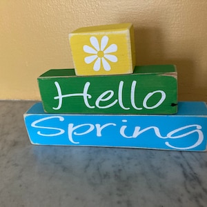 Hello Spring Decor, Wood 3 tiered Block Set, Spring decor, tiered tray, mantle decor