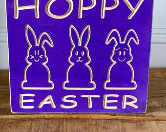 Easter sign, Hoppy Easter wood sign, Easter decor, Wood carved sign