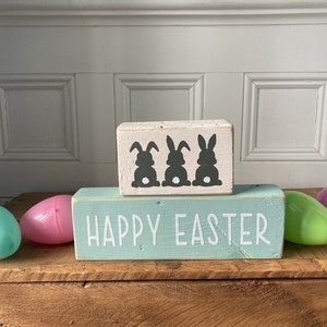Happy Easter decor, Easter decor, 2 tiered block sign, shelf sitter, Bunnies, reclaimed wood sign image 3
