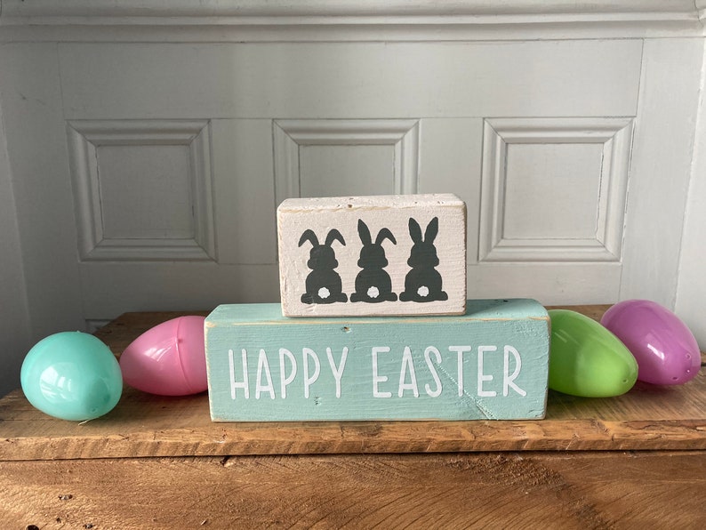 Happy Easter decor, Easter decor, 2 tiered block sign, shelf sitter, Bunnies, reclaimed wood sign image 3