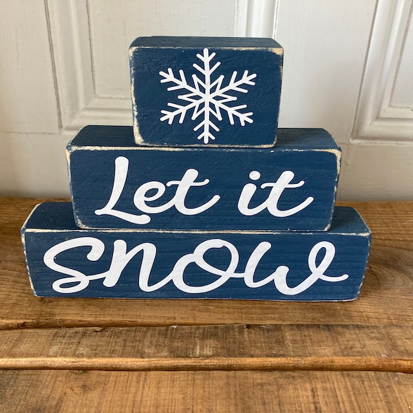 Let it Snow blocks winter decor, 3 tiered block sign, shelf sitter, snow decor, reclaimed wood sign