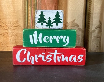 Wood Merry Christmas Block Sign: Tiered Shelf Sitter Decor