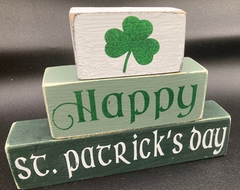 St. Patrick's Day decor, Happy St. Patrick’s Day decor, 3 tiered block sign, shelf sitter, Shamrock, reclaimed wood sign