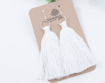 Boho Tassel Earrings ⁝ Fringe Earrings ⁝ Large Tassel Jewelry ⁝ Tassel Fringe Earrings ⁝ White Tassels ⁝ White Earrings ⁝ Neutral Earrings