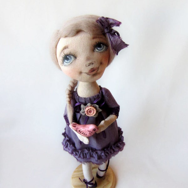 Purple cloth doll, art cloth doll, doll with bird, handmade doll, interior doll, OOAK doll