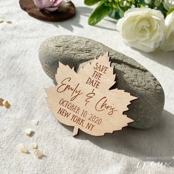 Personalized wood Engraving Save the Dates. Rustic Wooden Leaf Save the Date Magnet with Envelopes